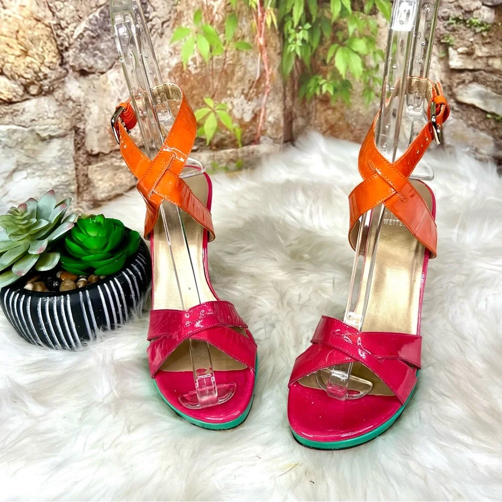 STUART WEITZMAN Patent Leather Multicolor Strappy Platform Sandals, 6.5 - Picture 6 of 15